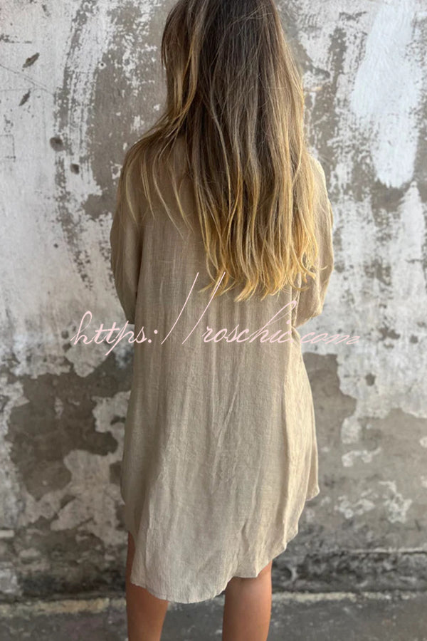 Color Lapel Long Shirt and Elastic Waist Loose Pocket Shorts Set