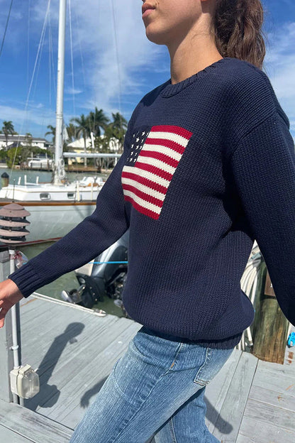 Flag Pattern Knitted Crewneck Long Sleeve Sweater