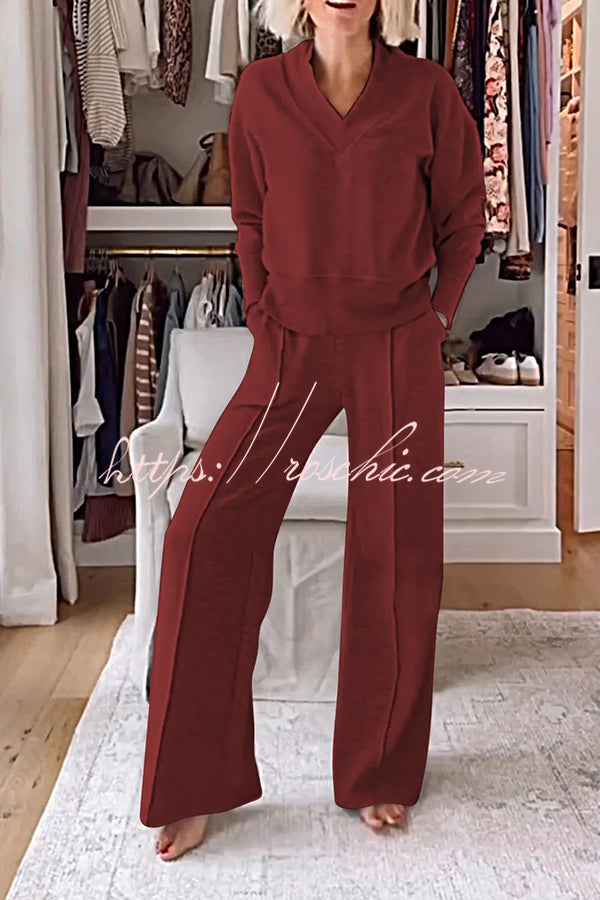 Weather Gets Cold Color V-neck Top and Elastic Waist Pocketed Lounge Pants Set