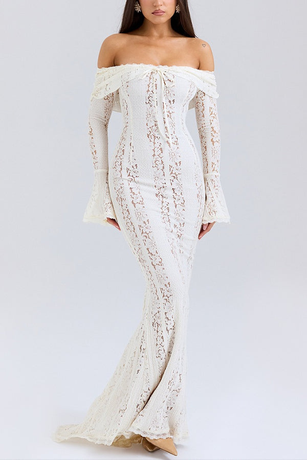 Lace Off Shoulder Flare Sleeve Fishtail Maxi Dresses-white