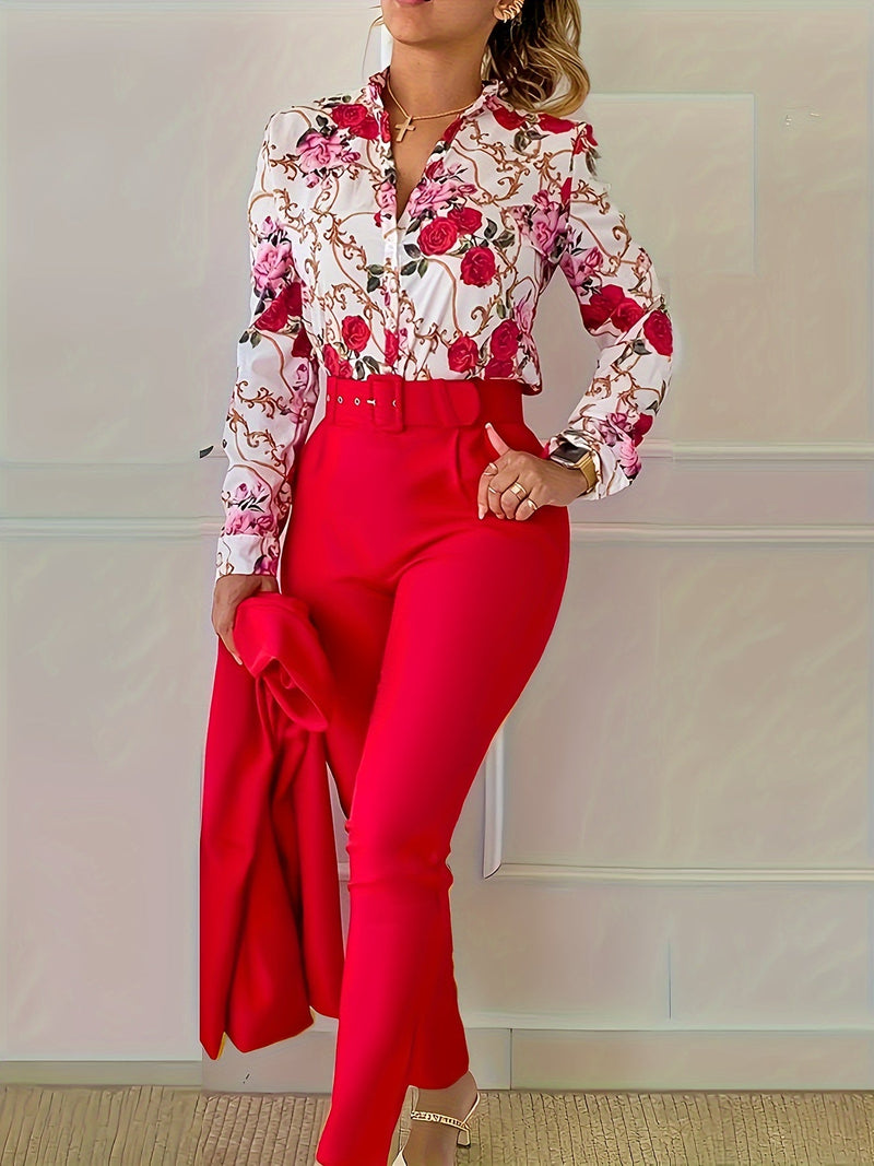 Print V Neck Long Sleeve Blouse & Belted Tapered Pants Td0870