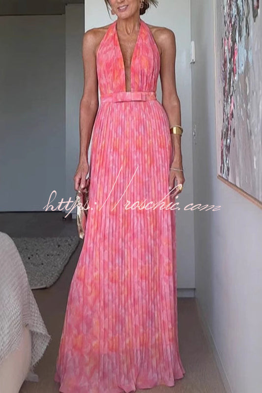 Unique Print Halter Neck Tie Pleated Vacation Maxi Dress