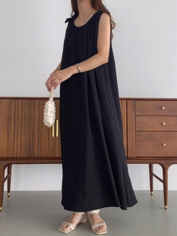 High Waisted Loose Pleated Color Tied Round-neck Maxi Dresses