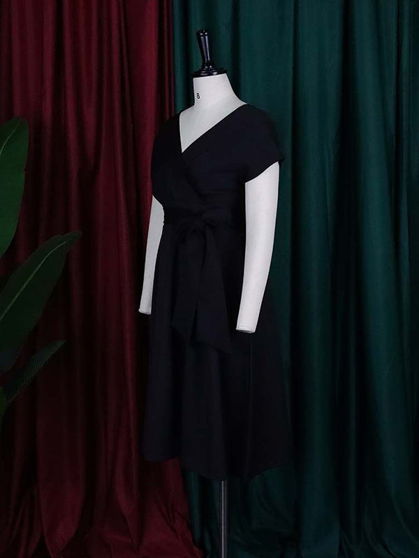 Bowknot Lace-up Color V-neck Midi Dresses