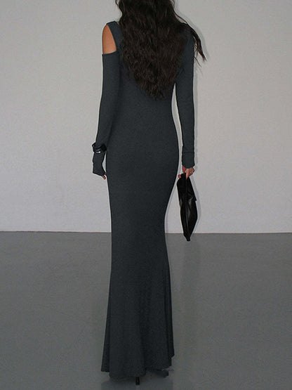 Long Sleeves Skinny Hollow Color Cold Shoulder Maxi Dresses