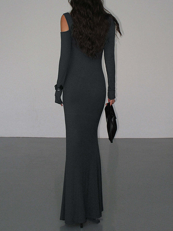 Long Sleeves Skinny Hollow Color Cold Shoulder Maxi Dresses