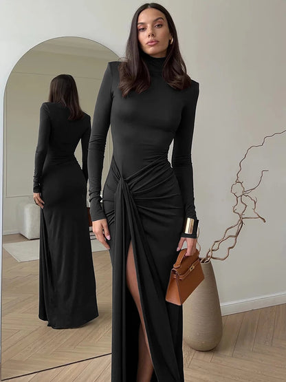 Turtleneck Thigh High Split Maxi Dress for Long Sleeve Draped Bandage Bodycon Club Long Dress