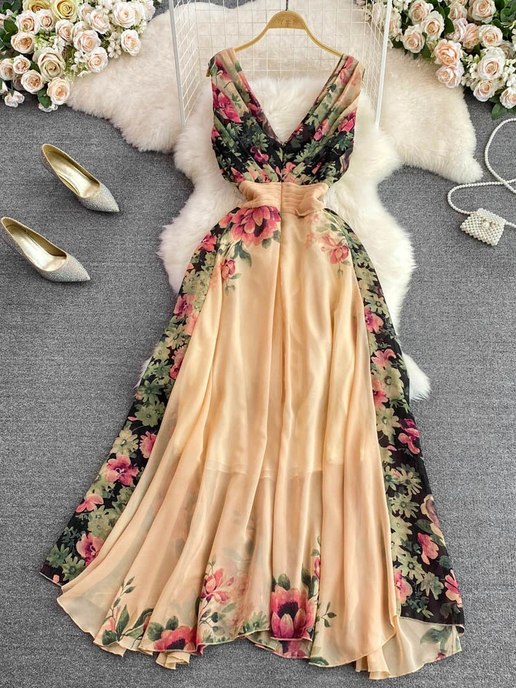 Evening Party Dress V-neck Printed A-line Long Dresses Sleeveless Slim A-line Chiffon Long Robe