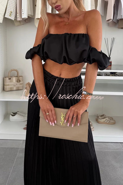 Jorie Satin Off Shoulder Puff Sleeve Crop Top and Elastic Waist Pleated Wide Leg Pants Set