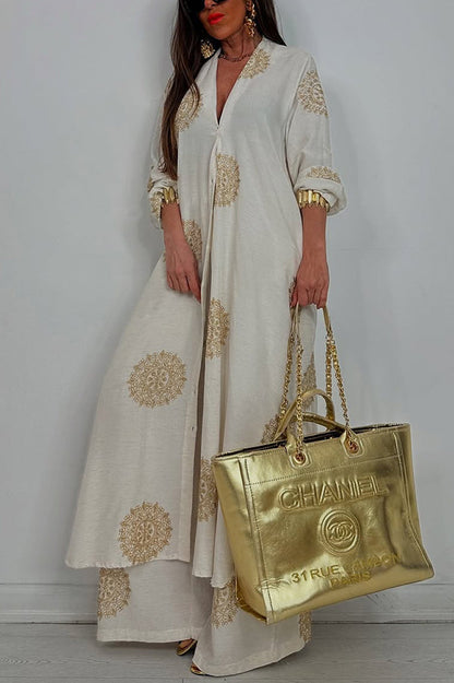 Unique Printed V-neck Long Sleeve Long Shirt and Elastic Waist Pocket Wide Leg Pants Set