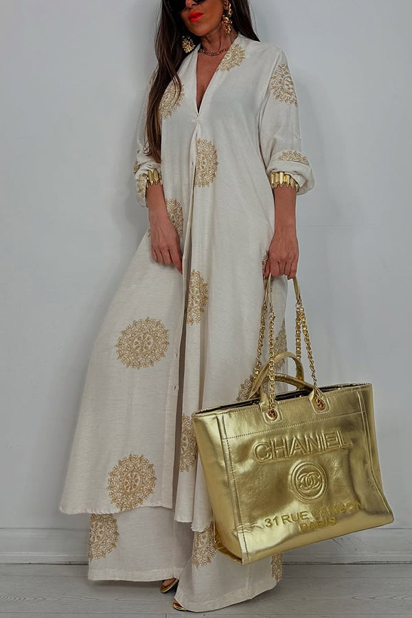 Unique Printed V-neck Long Sleeve Long Shirt and Elastic Waist Pocket Wide Leg Pants Set