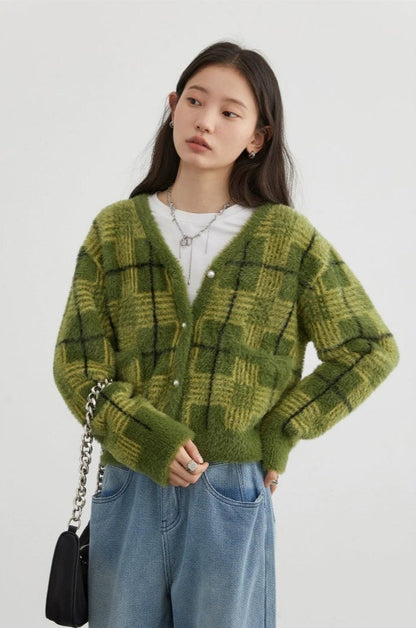 Plaid Fuzzy Cropped Cardigan