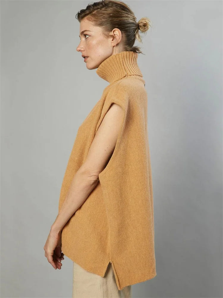 Loose Female Turtleneck Top Sleeveless High Street Knit Pullover Autumn Knitwear Oversized Sweater