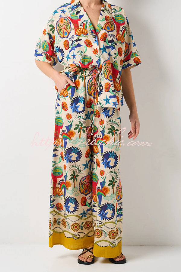 Linen Blend Unique Print Loose Short Sleeve Shirt and Elastic Waist Tie Pocket Pants Set