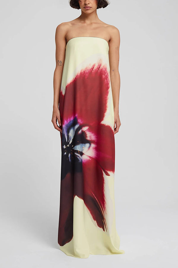 Print Strapless Backless Belt Maxi Dress
