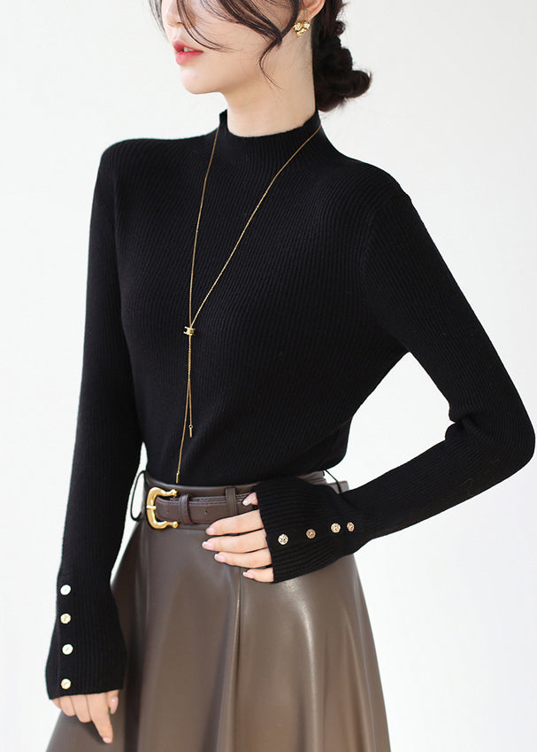 Black Slim Fit Patchwork Knit Sweaters Hign Neck Winter Rv025