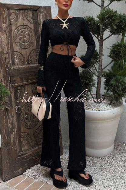 Color Hollow Short Long-sleeved Top and Stretch Wide-leg Pants Knitted Set