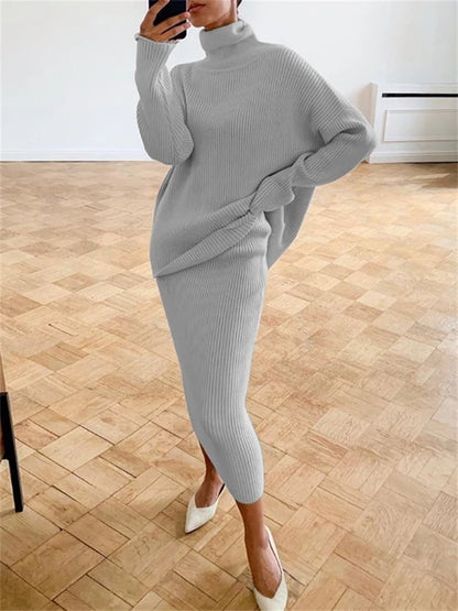 Knitted 2 Piece Outfit Set Long Sleeve Sweater Top and Pencil Long Skirts Autumn Two Piece Sweater Sets