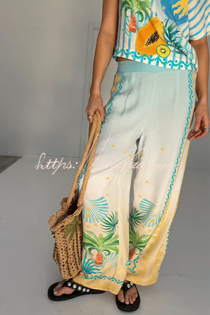 See You in Rio Tropical Fruits Print High Rise Elastic Waist Wide Leg Pants