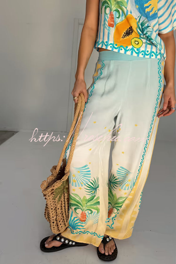 See You in Rio Tropical Fruits Print High Rise Elastic Waist Wide Leg Pants