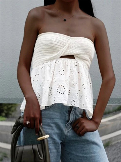 White Tube Top Knit Twist Crop Top Lace Mesh Strapless Corset Top Korean Chiffon Blouse