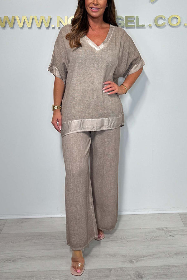 Fashionable V-neck Short-sleeved Loose Top and Elastic Waist Wide-leg Pants Set