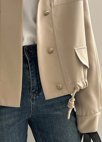 Khaki Stand Collar Drawstring Cotton Coat Outwear Fall Af1013