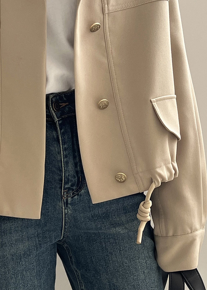 Khaki Stand Collar Drawstring Cotton Coat Outwear Fall Af1013