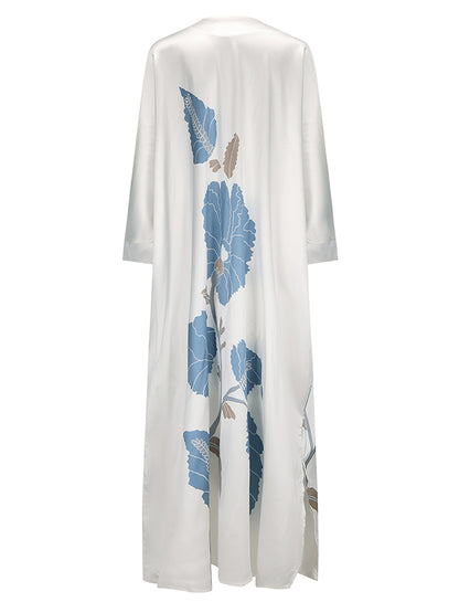 Long Sleeves Buttoned Contrast Color Flower&leaves Print Muslim V-neck Maxi Dress