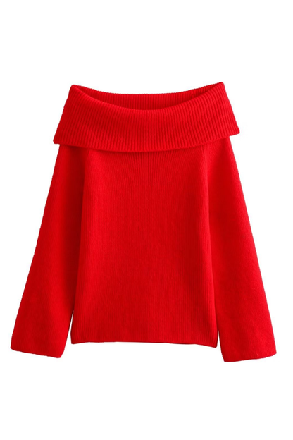 Slim Fit Color Pullover Sweater With Off-shoulder Neckline