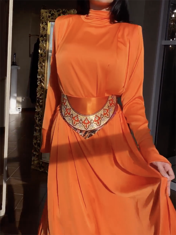 Flared Sleeves Long Sleeves Color High-neck Maxi Dresses