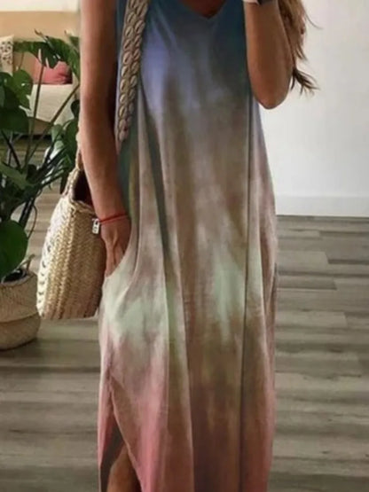 Gradient Tie Dye Print Sleeveless Long Dresses V-neck Loose Slit Vest Dress Female Summer A-line Vestidos