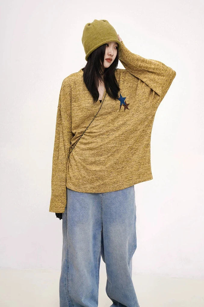 Mustard Yellow Knit Sweater With Star Patch