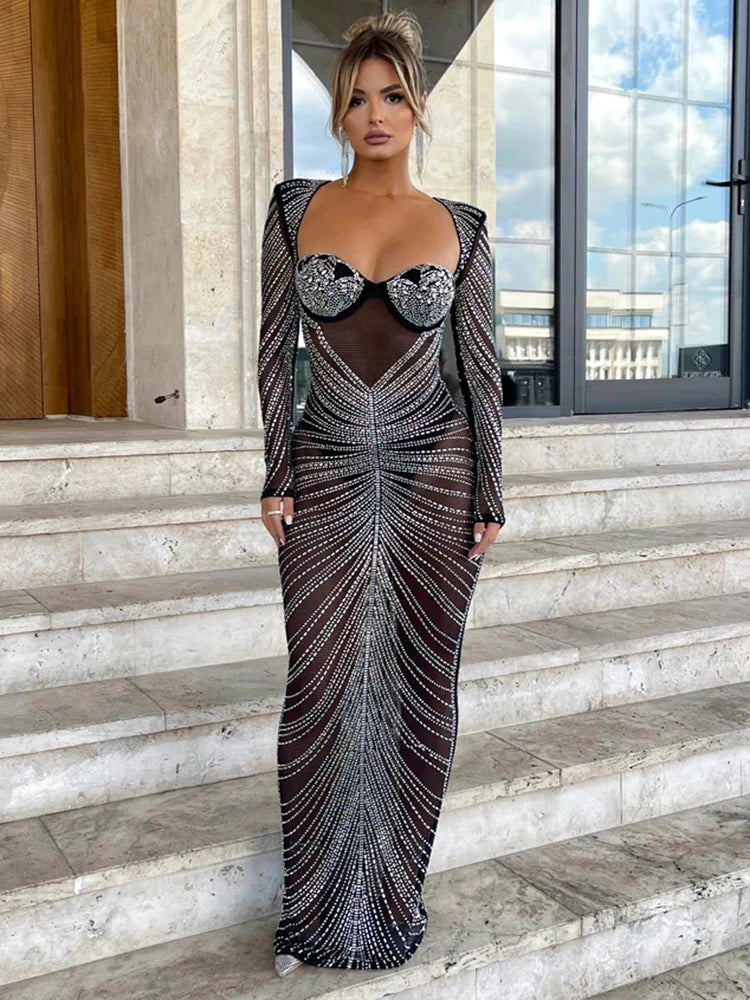 Glitter Mesh See Through Party Maxi Dress for Full Sleeve Bodycon Club Long Evening Dress Vestido
