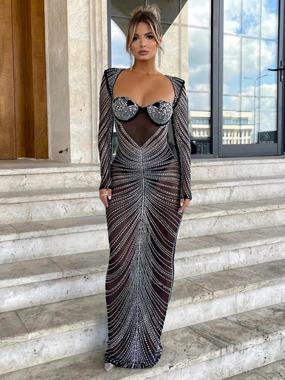 Glitter Mesh See Through Party Maxi Dress for Full Sleeve Bodycon Club Long Evening Dress Vestido