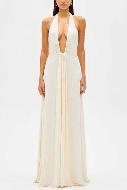 Silhouette Deep U-neck Halter Waterfall Sash Drape Maxi Dress
