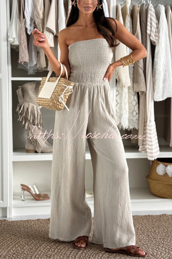 Linen Blend Color Off-the-shoulder Pleated Pocket Wide-leg Jumpsuit