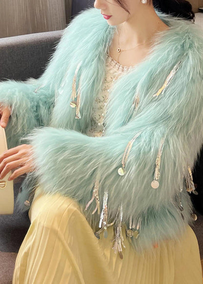 Pink O-neck Tassel Leather and Fur Coats Winter Wv032
