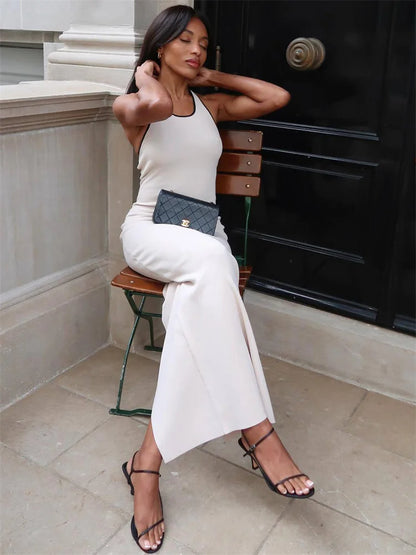 Backless Contrast Knitwear Maxi Dress for Slim Side Split High Waist Summer Dress Clothes Party Dress
