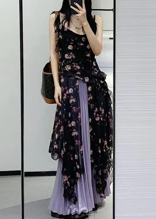 Black Ruffled Print Chiffon Two-piece Set Sleeveless Qp030
