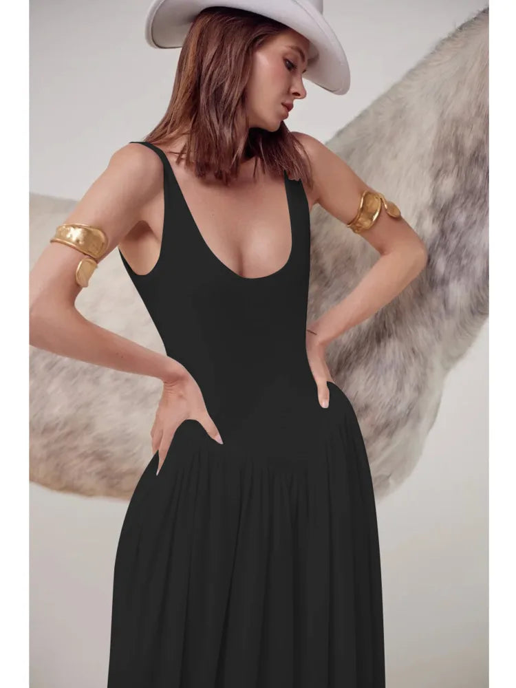 Sleeveless Elastic Tight Long Dress Fluffy Skirt Split Backless Evening Dress Slim Party Vacation Vestidos