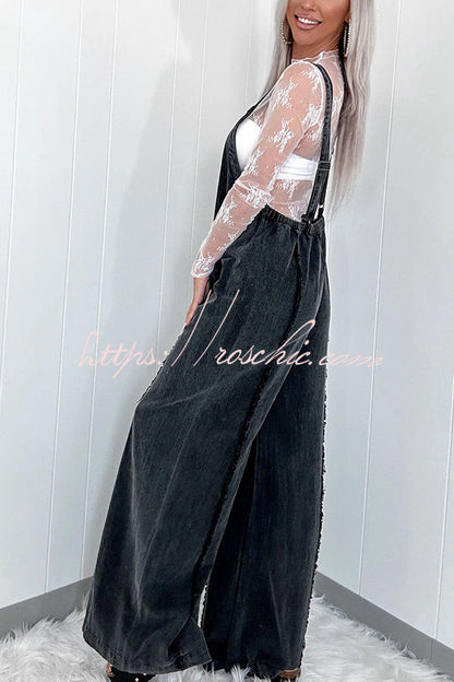 Washed Denim Raw Edge Elastic Waist Wide Leg Jumpsuit