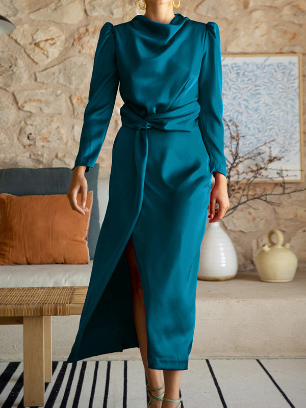 A-line High Waisted Pleated Color Split-front Mock Neck Maxi Dresses