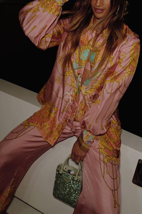 Unique Print Lantern Long Sleeves Blouse Shirt and Wide Leg Pants Holiday Outfit Set