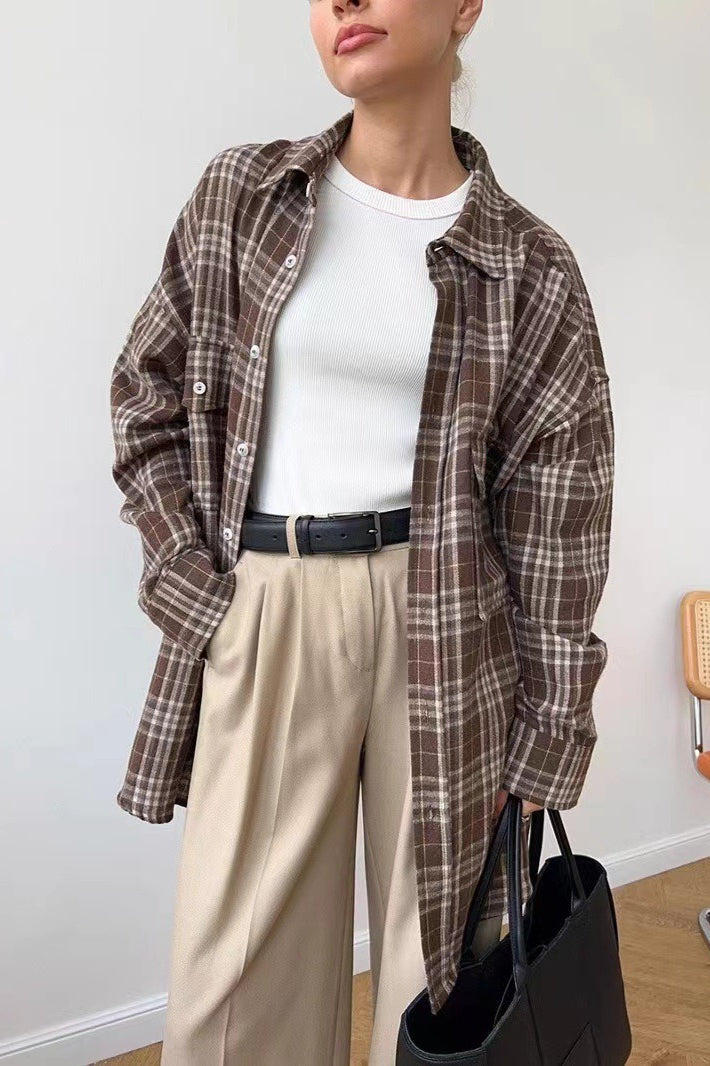 American Plaid Double-pocket Mid-length Blouse