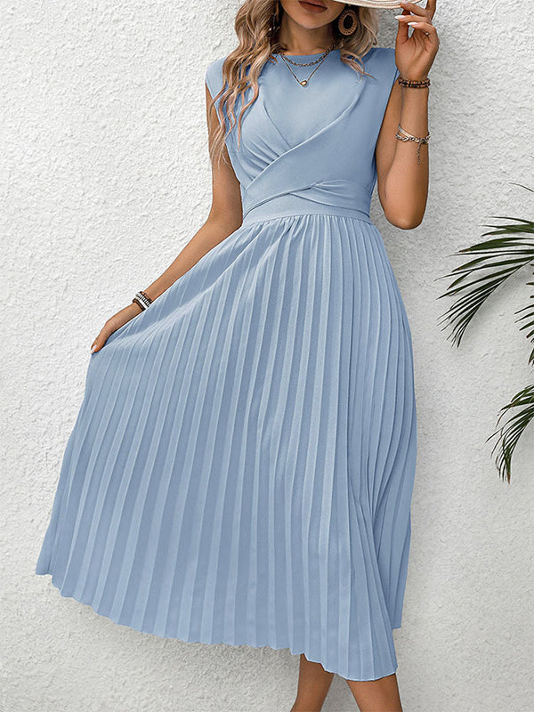 Loose Raglan Sleeve Elasticity Pleated Color Split-joint Tied Waist Round-neck Midi Dresses