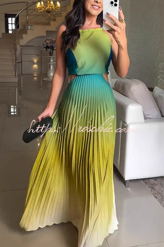 Fashionable Backless Tie Gradient Pleated Maxi Dress