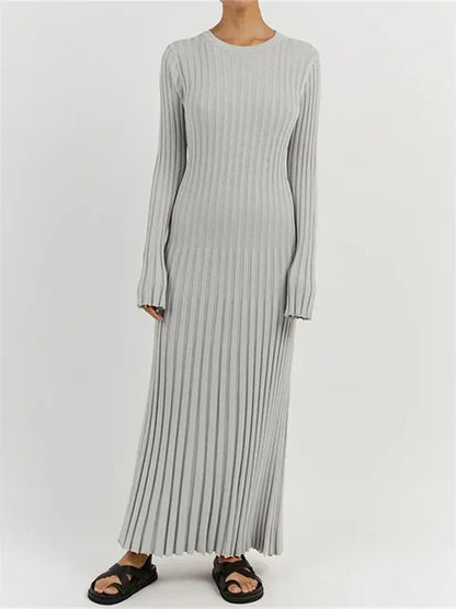 Lace-up Female Knit Maxi Dress – Autumn High Waist Patchwork Long Sleeve Bandage Knitwear Dress