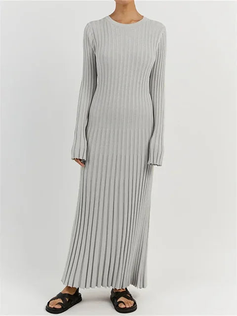 Lace-up Female Knit Maxi Dress – Autumn High Waist Patchwork Long Sleeve Bandage Knitwear Dress