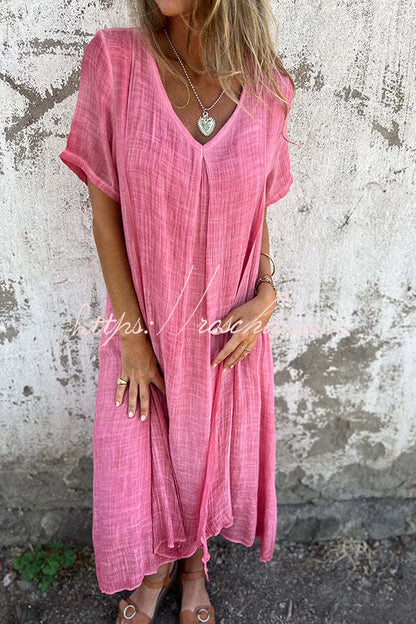 Bayside Bliss Linen Blend Short Sleeve Pleated Loose Midi Dress